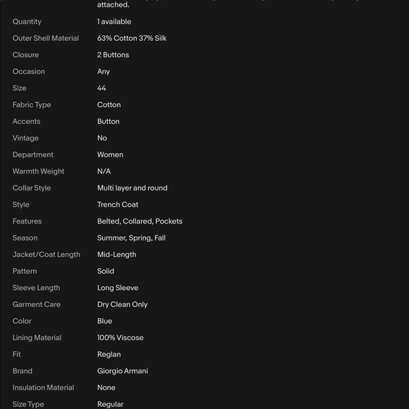 NWT 3690$ Giorgio Armani Made Italy Trench Coat Size Eu 44US 10-14 Cotton/silk - Picture 14 of 16